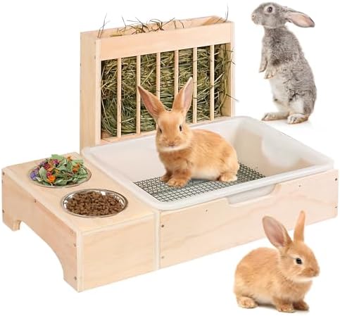 3-in-1 Extra Large Rabbit Hay Feeder with Litter Box and Ceramic Bowls