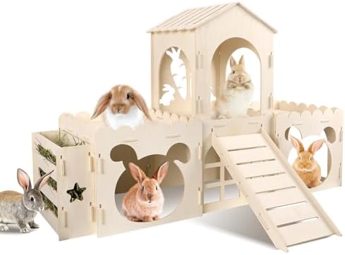 Extra Large Wooden Rabbit Castle with Hay Feeder & Ramp - 42" House