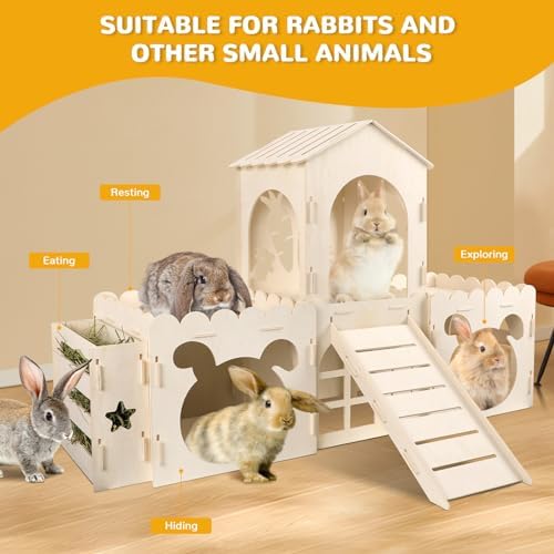 Extra Large Wooden Rabbit Castle with Hay Feeder & Ramp - 42" House - 6